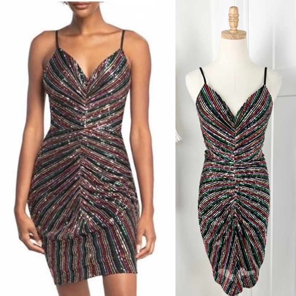 Dress the Population, Viviane Rainbow Metallic Bodycon Mini Dress